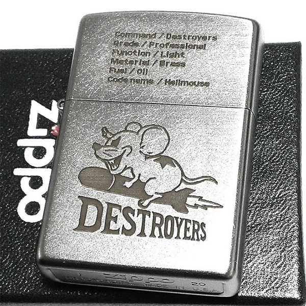 ZIPPO(ジッポー) シルバー クロームメッキ ビンテージ エッチング オールド仕上げ デストロイヤーズ HELLMOUSE おしゃれ 永久保証