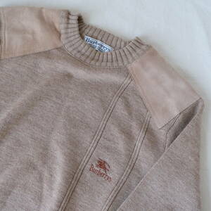  Britain made [ burberrys Vintage ] suede patch crew neck knitted / beige group / SIZE 38 / Europe England UK sweater old