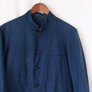 10s20s[ France army Vintage ] indigo cotton linen stand-up collar jacket / Indigo / antique military shirt navy 