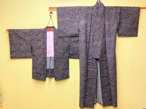 932B/ antique woman ensemble kimono wool single . navy blue ground colorful line retro stylish remake material old cloth 