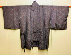 963B/ antique woman road line coat door garment kimono coat Japanese clothes coat tea color ground . flower fine pattern retro stylish remake material old cloth 