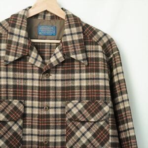 60s70s ビンテージ Pendleton ペンドルトン ウール オープンカラーシャツ L ボードシャツ ブラウン ベージュ