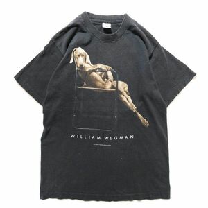 90's USA製 ウィリアム ウェグマン ドッグプリント クルーネック コットン Tシャツ 半袖 (M) 黒 犬 アートT 90年代 アメリカ製 旧タグ