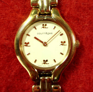BR413) * исправно работает наручные часы бесплатная доставка ( нестандартный )*Courrges Courreges * Gold & белый 