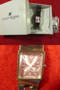 BR5M3)* work properly wristwatch *Courrges Courreges * wine red * 3 hands koma attaching boxed 