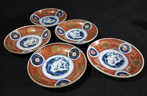  old Imari blue and white ceramics overglaze enamels circle writing flower Tang . writing ..11cm small plate 5 customer . Edo latter term b-12a3070