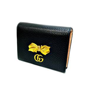 【即決】★GUCCI グッチ GGマーモント ボウ リボン コンパクトウォレット 二つ折り財布 レザー ブラック ピンク 524289