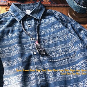 *he vi k Lazy american retro bandana Navajo pattern Denim shirt oversize M~2XL large size Vintage *T517