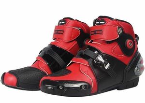 ライディングシューズ　オンロード　レーシングブーツ メンズ バイク用ツーリング プロテクト オートバイ靴 ショート 赤・46サイズ/280mm
