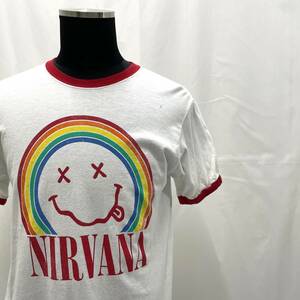 古着 NIRVANA リンガー Tシャツ Mサイズ スマイリー ニルヴァーナ バンド USA オフィシャル トリム レインボー カートコバーン ロック