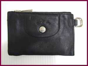 2309*M-479* Long Champ LONGCHAMP change purse . coin case fastener key ring attaching leather black black used 