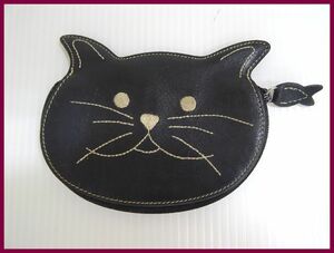 2309*M-486*FURLA Furla purse change purse . round fastener cat type embroidery leather cat lady's black black used 