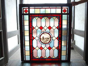 # equipment ornament enamel muffle painting landscape painting Britain antique stained glass 12028-2 England window door interior .#