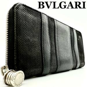 【極美品】ブルガリ BVLGARI ツイスト金具 ビーゼロワン ヘリンボーン ロゴマニア 長財布 ジッピーウォレット サイフ wallet ブラック