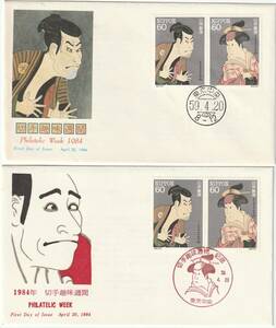 FDC　１９８４年　　切手趣味週間　　６０円２貼　　２通　　ＮＣＣ－版画飯島俊一