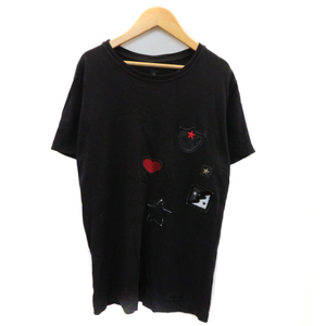 メッサジェリエ Messagerie Tシャツ カットソー 半袖 ラウンドネック ワッペン 大きいサイズ XL 黒 ブラック /YK34 レディース