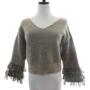  Ame li Vintage Ameri VINTAGE knitted sweater 7 minute sleeve V neck loop fringe thick moheya. plain tea Brown lady's 