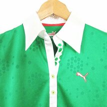 プーマ PUMA ポロシャツ 半袖 スキッパー ストレッチ 光沢 S グリーン ホワイト af1978 レディース_画像3