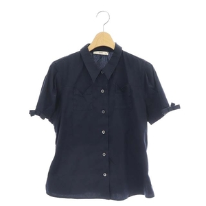  Prada PRADA cotton ribbon sleeve shirt short sleeves stretch front opening 38 dark blue dark navy /CX #OS #SH lady's 