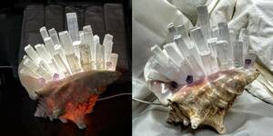 USED ハンドメイド 天然石/パワーストーン セレナイト 紫水晶 貝殻 貝殻細工 卓上ランプ LED 照明 オブジェ/置物 風水開運 点燈確認済