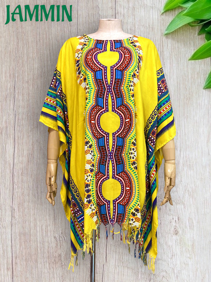 アフリカ民族衣装ダシキ柄フリンジポンチョ 黄色 エスニック アジアン