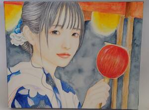 Art hand Auction ｢真作｣｢夏祭り りんご飴｣｢水井友仁｣ 人物画 美人画 F3サイズ 水彩画, 絵画, 水彩, 人物画