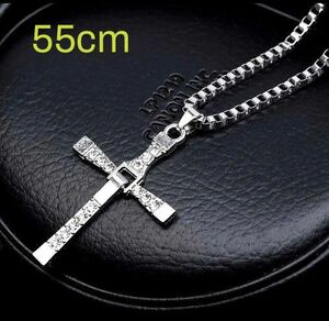 クロス　十字架　ネックレス　シルバー　模造クリスタル　大きめモチーフ　メンズ　レディース　シルバーネックレス　55cm 