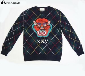 GUCCI グッチ ウール ニット セーター アーガイル　刺繍 長袖 マルチカラー 鬼 [57755]