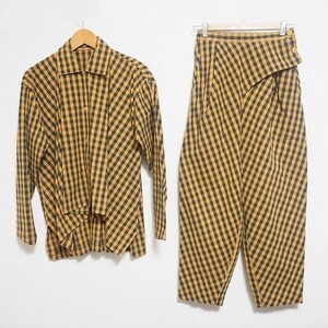 #apc Issey Miyake perumanenteISSEYMIYAKE setup M ocher black shirt pants silver chewing gum check lady's [821840]