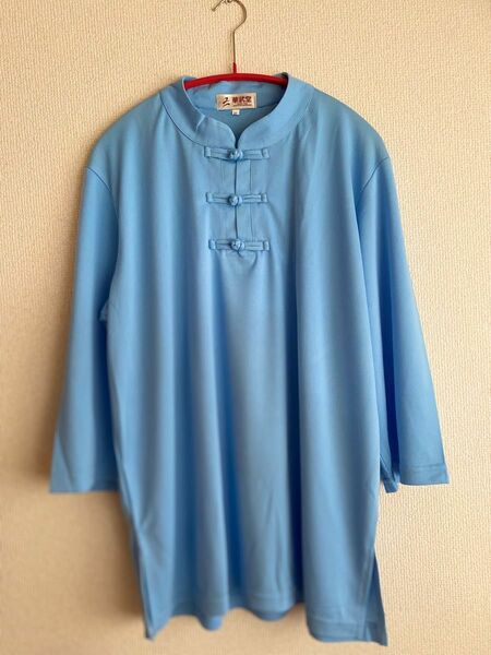 【新年セール】チャイナドレス風Tシャツ　太極拳ウェア　ブルー　XLサイズ