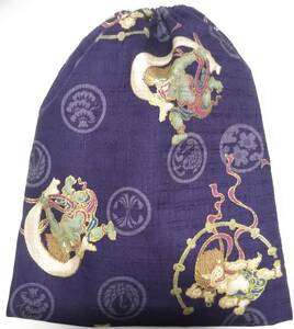 巾着袋◆風神雷神　紫【約よこ24.5cm×たて29.5cm】　木綿　日本製生地　ドビー織　和柄　