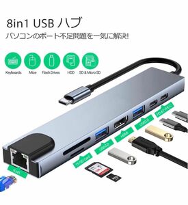 USB C ハブ アダプタ ８-in-1 Type-C USBハブ 4K HDMI出力 SD/TFカードリーダー LANボート