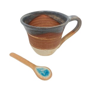 新品　未使用品　うるま陶器　マグカップ サンセットマーブル　コップ カップ コーヒーカップ ティースプーン　セット　沖縄　青い器