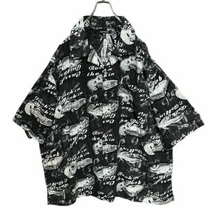 ★クラッシックカー総柄★ GEORGE 半袖オープンシャツ 2XL スリット レーヨン100% ヴィンテージ古着 クリーニング プレス済み USED 0873