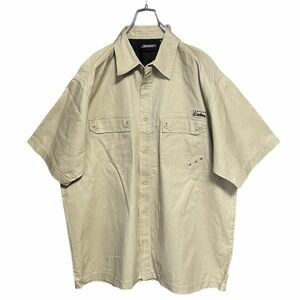 Dickies 半袖シャツ XL コットン ラクダ 同色ストライプ バックピスネーム 刺繍ロゴ クリーニング プレス済み ディッキーズ 古着 USED 0913