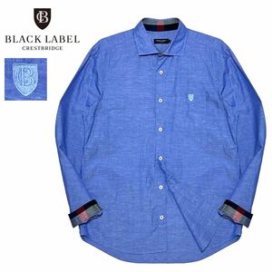 極美品 ブラックレーベル クレストブリッジ CBロゴ刺繍 襟・袖裏CBチェック 麻混 ロールアップ 長袖シャツ 3/L 青 BLACK LABEL CRESTBRIDGE