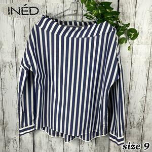  beautiful goods * INED Ined blouse tops long sleeve casual 9 number M navy × white C-224