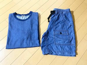  free shipping GU Denim T-shirt shorts shorts top and bottom set indigo blue GU 