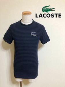 【良品】 LACOSTE ラコステ リアルワニ 刺繍 ビッグロゴ ボーダー 鹿の子 スリムフィット Tシャツ トップス サイズ3 半袖 紺 黒 日本製