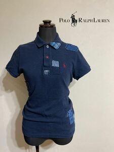 【良品】 Polo Ralph Lauren ポロ ラルフローレン レディース パッチワーク ダメージ 鹿の子 ポロシャツ トップス サイズS 半袖 ネイビー