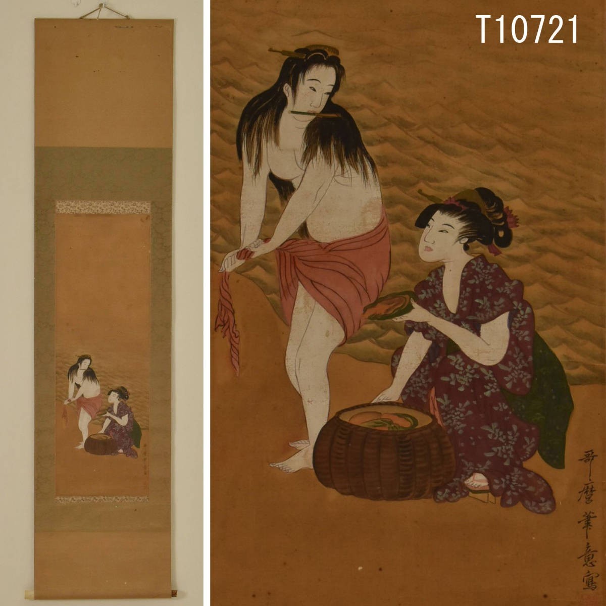 T10721 Utamaro-Kalligraphiegemälde mit schönen Frauen-Hängerolle: authentisches Werk, Malerei, Japanische Malerei, Person, Bodhisattva