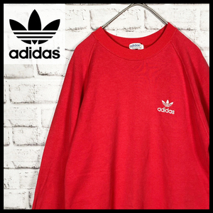 【USED】希少 アディダス adidas ビンテージ トレーナー スウェット トレフォイルロゴ 80s 古着 デサント社製 Mサイズ レッド ☆送料無料☆