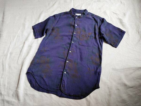 Engineered Garments エンジニアドガーメンツ シャツ 花柄 ハイビスカス バンドカラー 半袖 S 紫 パープル コットン ★9