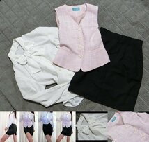 R64★おすすめです★オフィス事務 会社 スーツ 制服系 3点セット★リボンボウタイブラウス＆チェック ベスト＆タイトミニ★_画像1