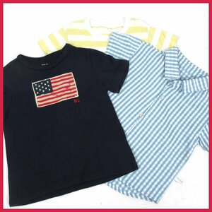 ▲□男の子向け 子供服３点セット★ラルフローレン紺Tシャツ★黄色ボーダーTシャツ★水色ギンガムチェックシャツ★サイズ９０