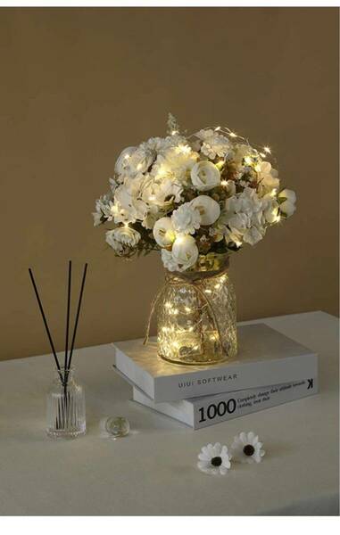 白の造花 ガラス花瓶付き LEDムードライト インテリア飾り テーブルのセン