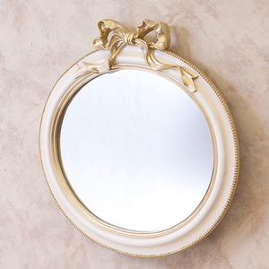 ミラー 鏡 フェミニン 姫系 インテリア ガーリー ロマンチック おしゃれ 西洋 ヨーロピアン 壁掛け 立て掛け 円形 丸型 リボン 彫刻風