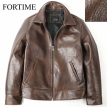 ビッグサイズ！極美品 FORTIME フォータイム 牛革 アンティーク加工 ステアハイド レザー 襟付き シングル ライダースジャケット 茶 4XL_画像1