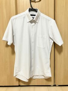 ワイシャツ　半袖　白　ストライプ　ストレッチ　ノーアイロン　M