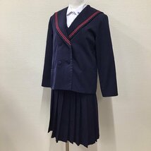 O18/Y(中古)山形県 長井南中学校 女子制服4点 /165/L/W66/丈60/セーラーブレザー/ベスト/ブラウス/冬スカート/紺/赤ライン/夏冬/学生服_画像1